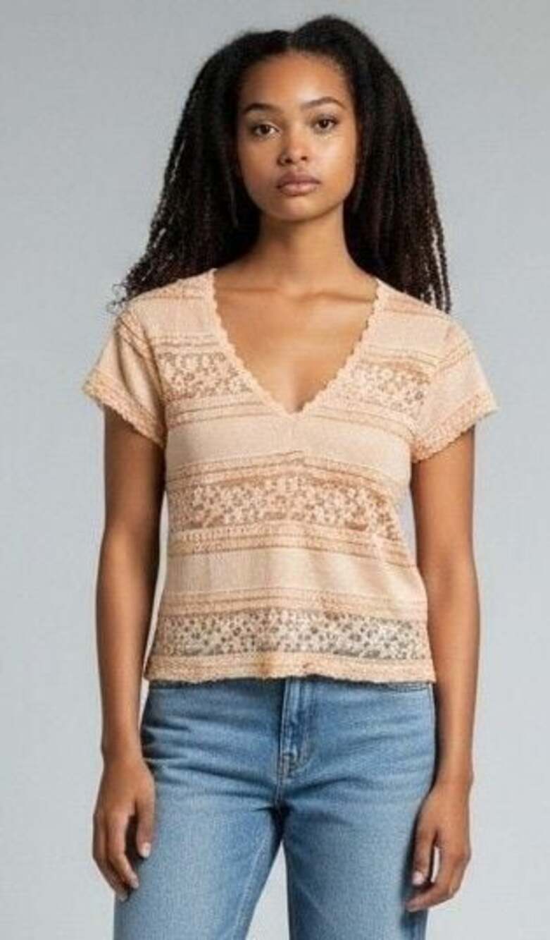 POL UKT689 Peach Coral V-Neck Short Sleeve Lace Blouse Top